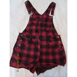 Hot Topic HT Denim Shortall size m black, red plaid checker shorts bib overalls